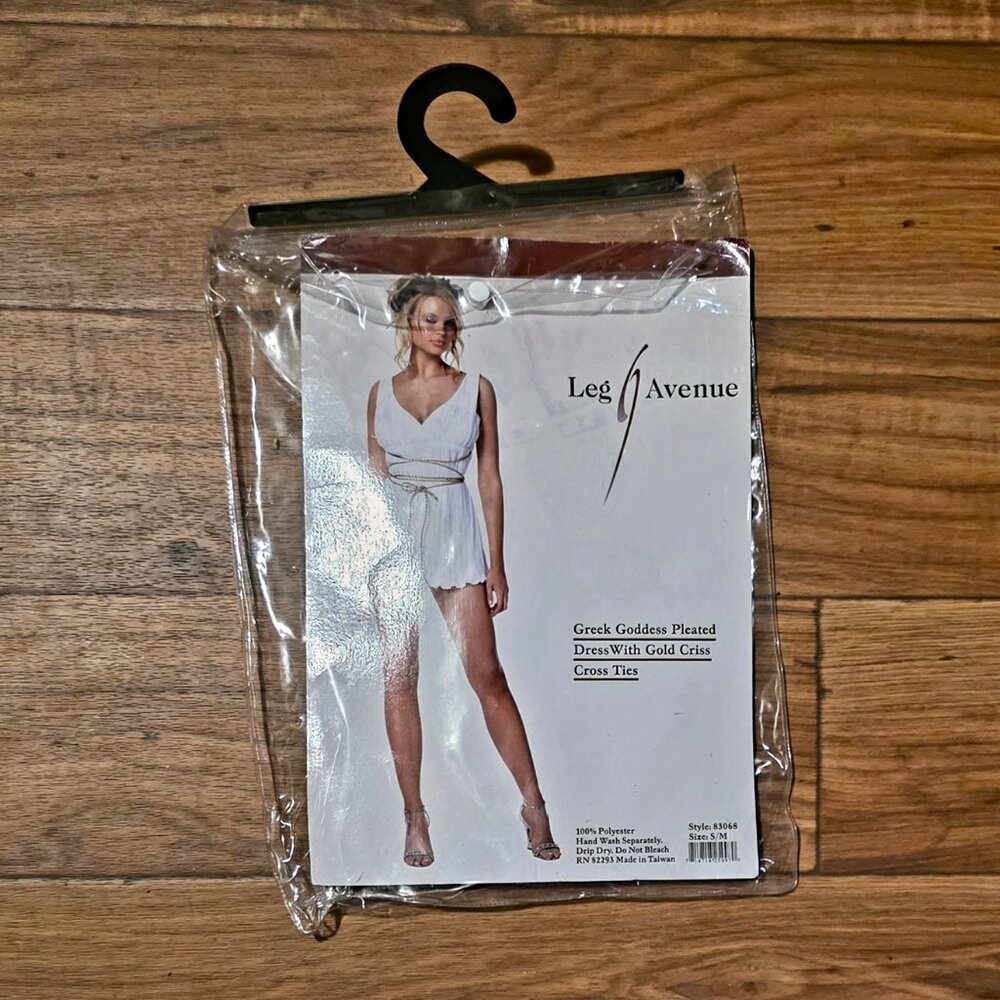 LEG AVENUE Greek Goddess Pleated Dress With Gold Criss Cross Ties S/M EUC